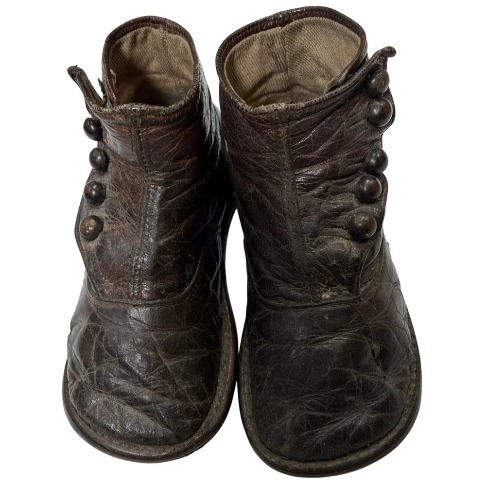Antique Victorian Kids Leather Button Boots Dark Brown 19th Century Collectible